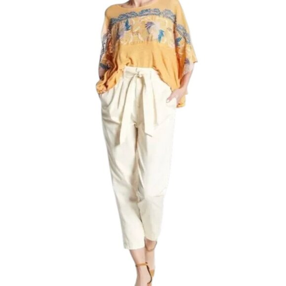 Free People High Waist 90s Peg Paperbag Cream Pleated Belted Trousers Pants - Picture 1 of 13